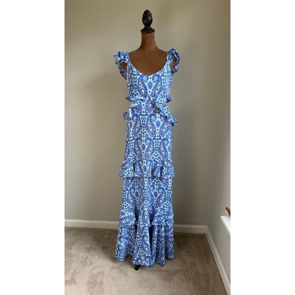 Simply Southern Women’s Blue Paisley Cutout Ruffle Maxi Dress Size M Boho - Picture 4 of 12